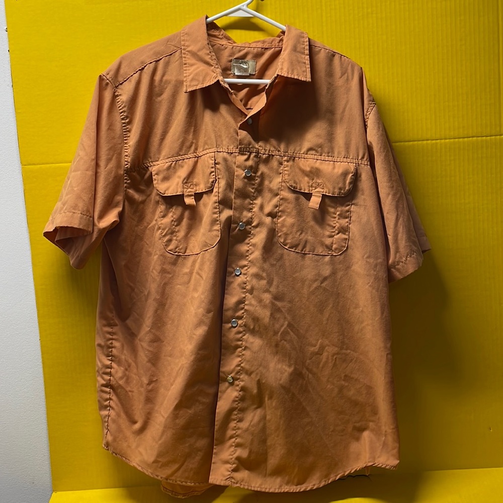 Haband Travelers orange short sleeve pearl snap button shirt, mens size XL